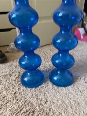 IKEA Blue Stacked Bubble Glass Candle Holders - Pair